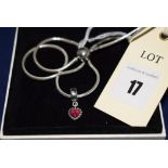 A silver Pandora enamel heart pendant charm; and a silver Pandora chain, with original box.