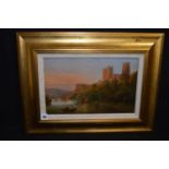A 19th Century oil painting - view of Durham cathedral, with figures on a boat.