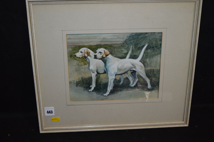 A watercolour - portrait of two hounds, heightened with white.