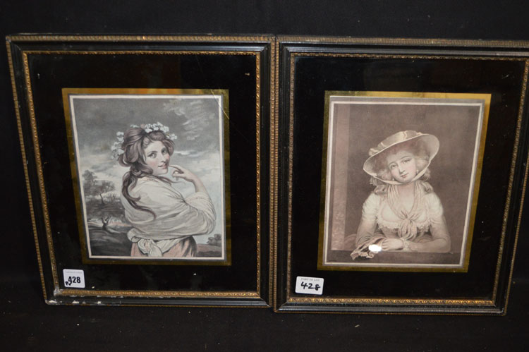 A pair of reproduction mezzotints - portraits of ladies.