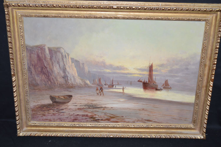 An oil painting, by Sidney Yates Johnson - Cornish coastal scene with fishing boats and figures,