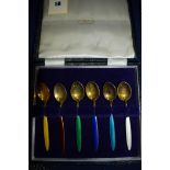 A set of six silver gilt and polychrome enamel teaspoons, probably Norwegian,