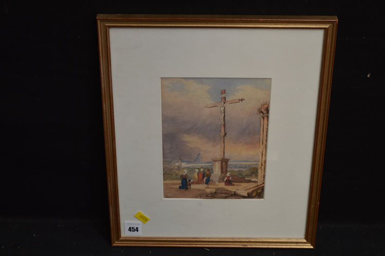 A watercolour in the manner of Samuel Prout - town scene with crucifix monument, bearing signature.