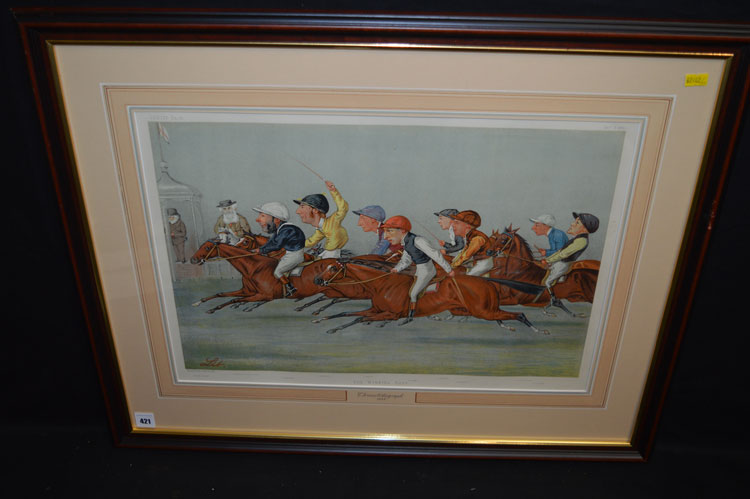 A chromolithograph - "The Winning Post", published by Vincent Brooks, Day & Son, 1888.