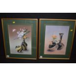 Watercolours, by Danching and A. Chausse - still-life of flowers in vases, both signed.
