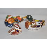 Royal Crown Derby paperweights in the form of ducks, with gold coloured stoppers.