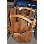 Two stained rustic wooden water carrier type waste paper bins.