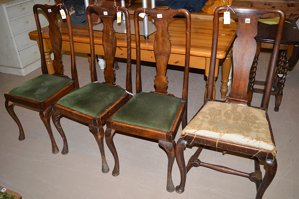 Three Queen Anne style stained wood dining chairs; together with a similar chair.