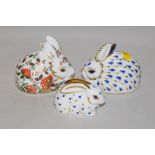 Royal Crown Derby paperweights "Meadow Rabbit" and two other rabbits,
