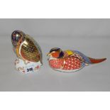 Royal Crown Derby paperweights, a Kingfisher and a Pheasant, with gold coloured stoppers.