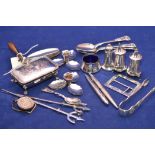 Silver to include: pepperettes, sugar tongs, table salts, pens,