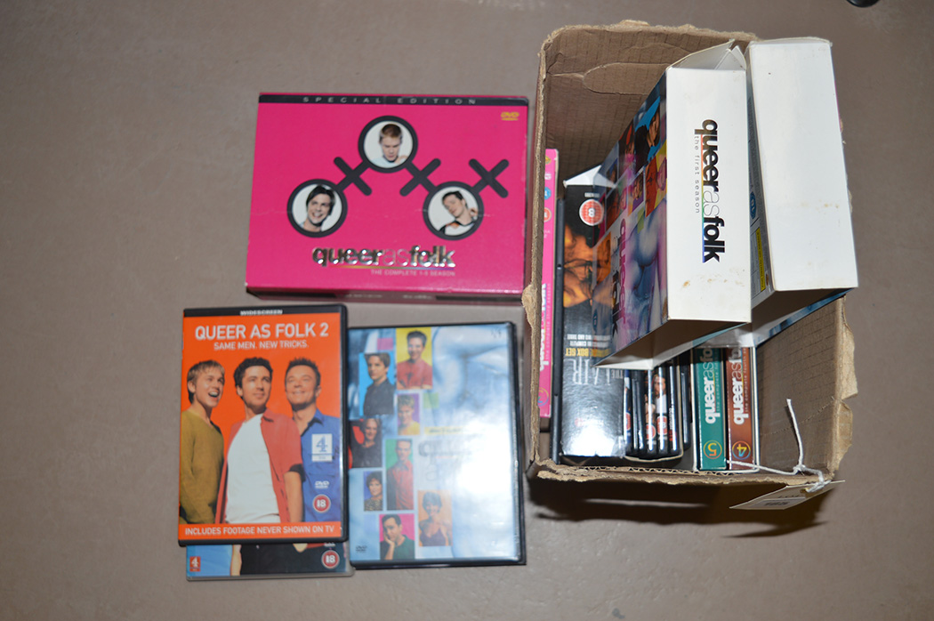 "Queer as Folk" DVD box sets; "The Lair" box set; "Dantes Cove" and others.