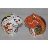 Royal Crown Derby paperweights: two figures of squirrels, one with gold coloured stopper,