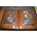 Two silver copper plated university crests on stained oak mounts with Fisher & Ludlow Ltd.