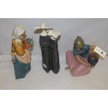 Lladro figures: girl with water jug; girl with flower pot; and a group of nuns.