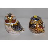 Royal Crown Derby paperweights "Tawny Owl" and another owl, with gold and silver coloured stoppers.