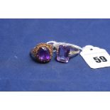 Two amethyst dress rings, one set with white stone bezel on 9ct yellow gold, the other in silver,