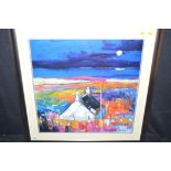 A giclee print, after Jolomo - moonlit cottage scene with lake beyond.