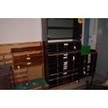 Three collectors cabinets and three small cases with drawers.