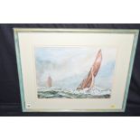 A watercolour, by Simon Mahoney - sailing ships at sea, signed, with labels verso.
