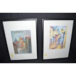An oil painting - "Parma" - street scene, signed with initials; and a watercolour of a street scene,