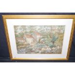 A watercolour, by **** Richardson - a watermill with figures feeding poultry in the foreground,
