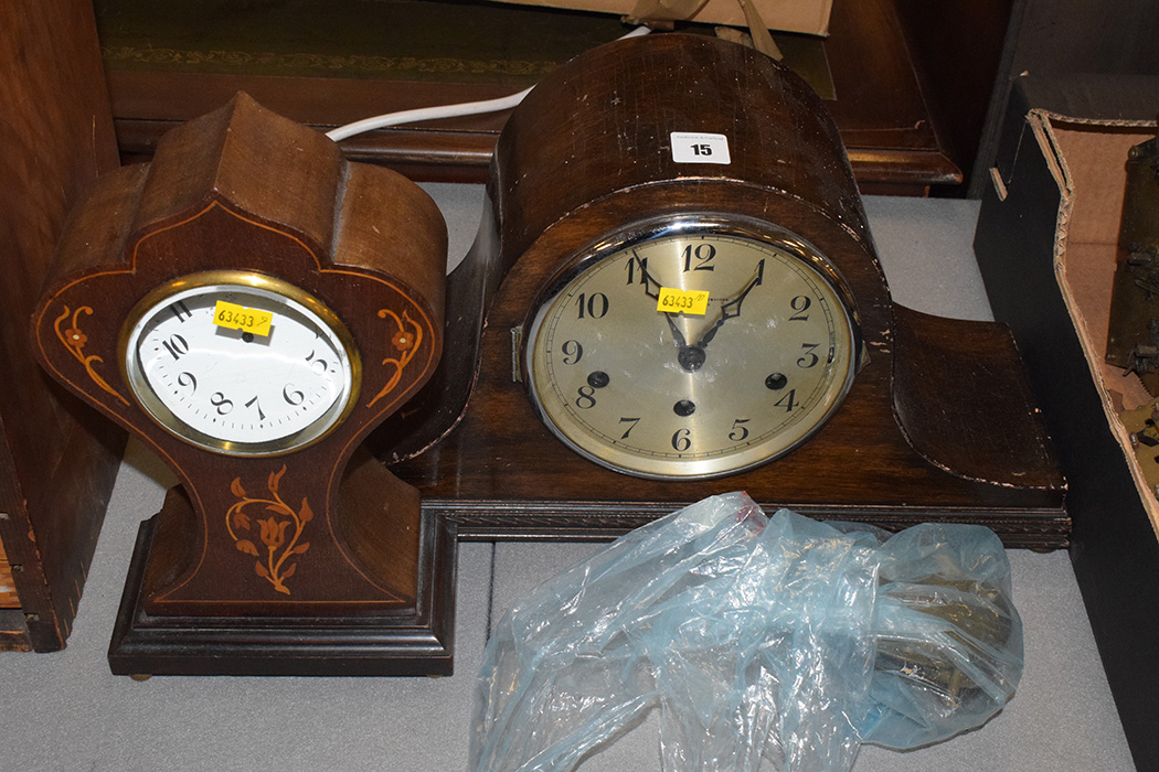 An inlaid balloon clock and a sperate movement; together with a 1920's mantle clock,