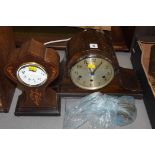 An inlaid balloon clock and a sperate movement; together with a 1920's mantle clock,