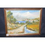 An oil painting, by Frank Burke - Continental coastal town scene, signed.