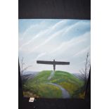 An oil painting - The Angel of the North, signed with initials J.C., unframed.