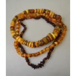 Two rows of pressed amber beads and one