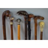 Seven various walking sticks with animal handles - ram, two badgers, gorilla, otter,