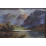 F E Jamieson? - Mountainous landscape, with boats on lake, oil on canvas, signed lower left,