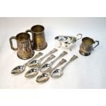 A pair of electroplated pint mugs with glass bases, to/w a half-pint baluster mug,