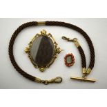 Victorian jewellery including a large gilt metal set hairwork brooch, hairwork Albert with some gold