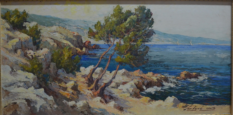 Fortuna Car - Mediterranean coastal view, oil on board, signed lower right, 39 x 78 cm