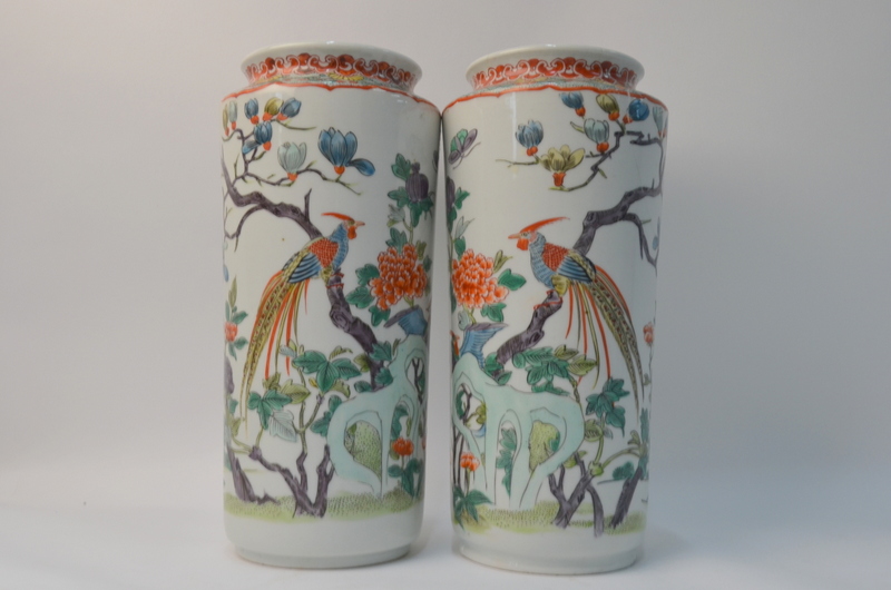 A pair of Chinese cylindrical vases, decorated in coloured enamels with birds, - Image 2 of 6