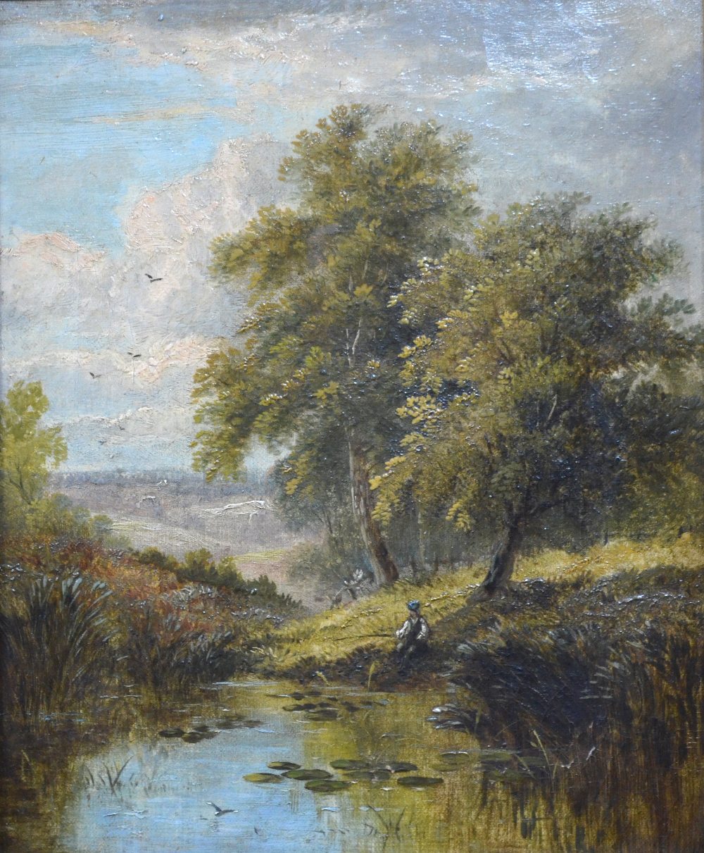 English school - A river view with church spire in distance, oil on canvas, 24 x 44 cm