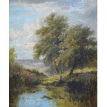 English school - A river view with church spire in distance, oil on canvas, 24 x 44 cm