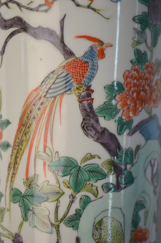 A pair of Chinese cylindrical vases, decorated in coloured enamels with birds, - Image 5 of 6