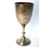 A Victorian silver trophy cup in the form of a large goblet with beaded knop stem, Goldsmiths