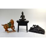 A very small Chinese altar table, 18 cm high; together with a metal sculpture of a seated musician,