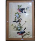 A pigment on silk painting of three bullfinches (Pyrrhula pyrrhula) perched on a leafy branch,