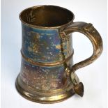 A late 18th Century Old Sheffield Plate beer mug of tapering form with scroll handle and moulded