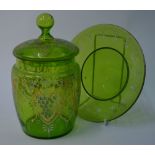 Victorian enamelled green glass jar, cover & stand decorated with flowers and foliage within