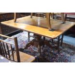 A Victorian mahogany breakfast table, the rectangular tilt top raised on a bulbous baluster