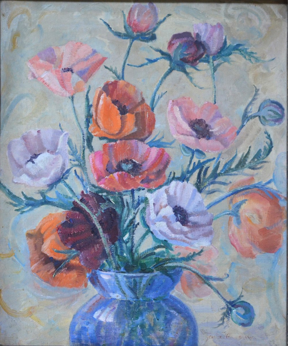 Frances Crawshaw - Still life study with poppies, oil on canvas, signed lower right, 59 x 49 cm