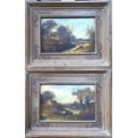 English school - A pair of pastoral views with figures, oil on board, 14 x 21 cm