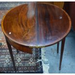 A Sheraton period mahogany and satinwood crossbanded demi-lune folding tea table,