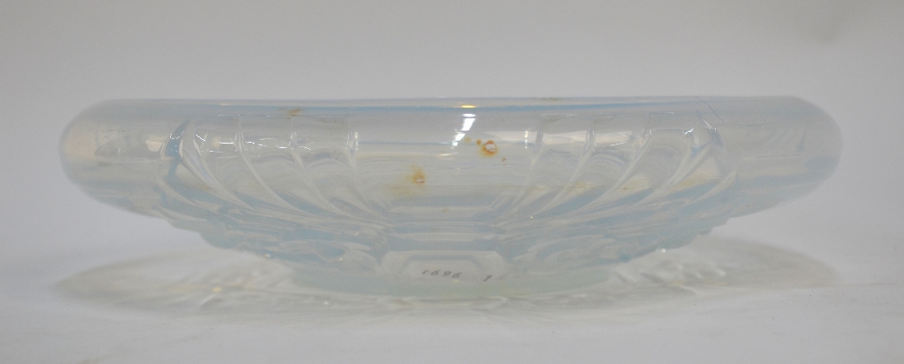 A French opalescent glass Art Deco bowl with inverted rim moulded with flower heads and geometric - Image 2 of 5
